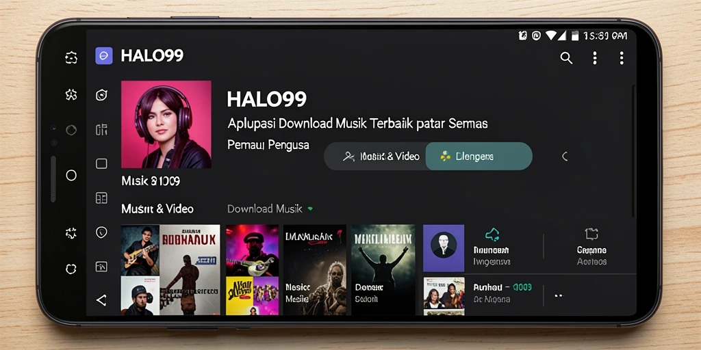 Antarmuka aplikasi HALO99 yang sederhana dan menarik untuk Download Musik.