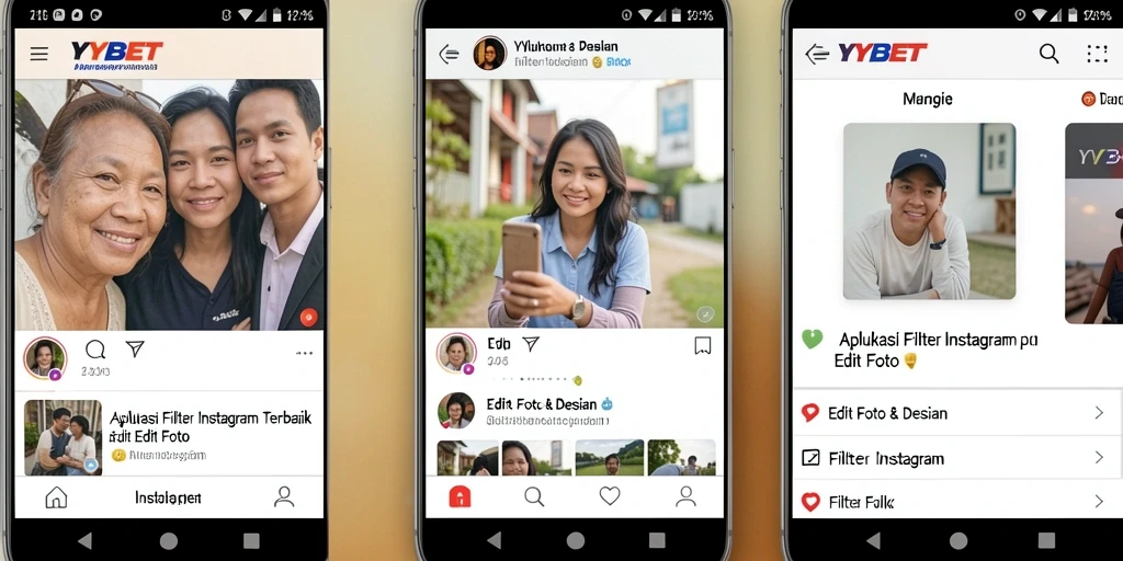 Tampilan antarmuka aplikasi YYBET dengan berbagai pilihan filter Instagram.